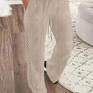 Khaki Casual Women's Side Lace Solid Denim Effect Long Pants